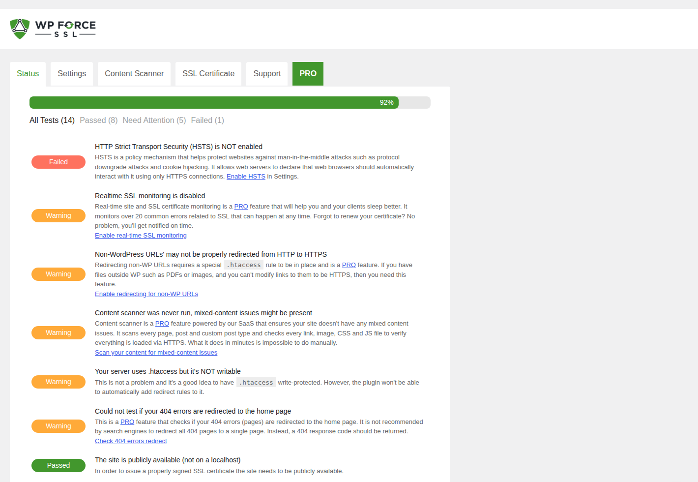 WP Force SSL HTTPS checks dashboard