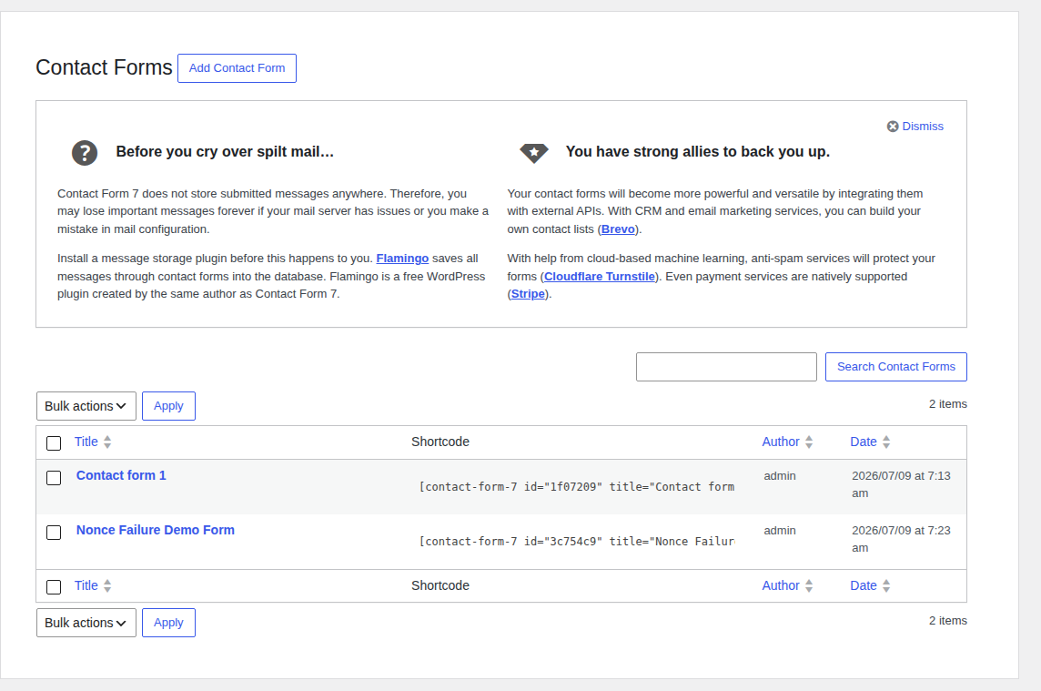 Contact Form 7 admin form screen in WordPress