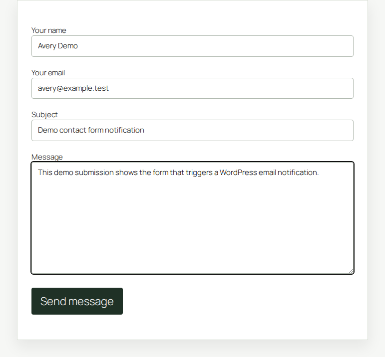 Frontend Contact Form 7 test form used to trigger notification emails