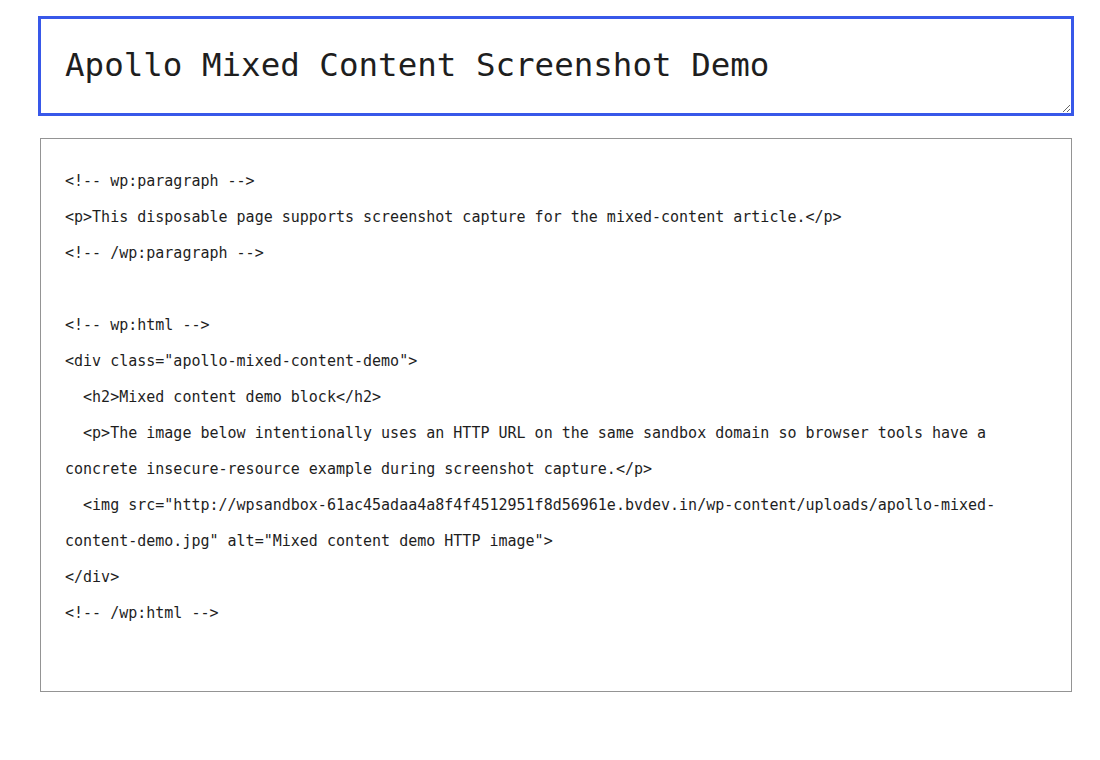 WordPress block editor showing an old HTTP image URL inside page content