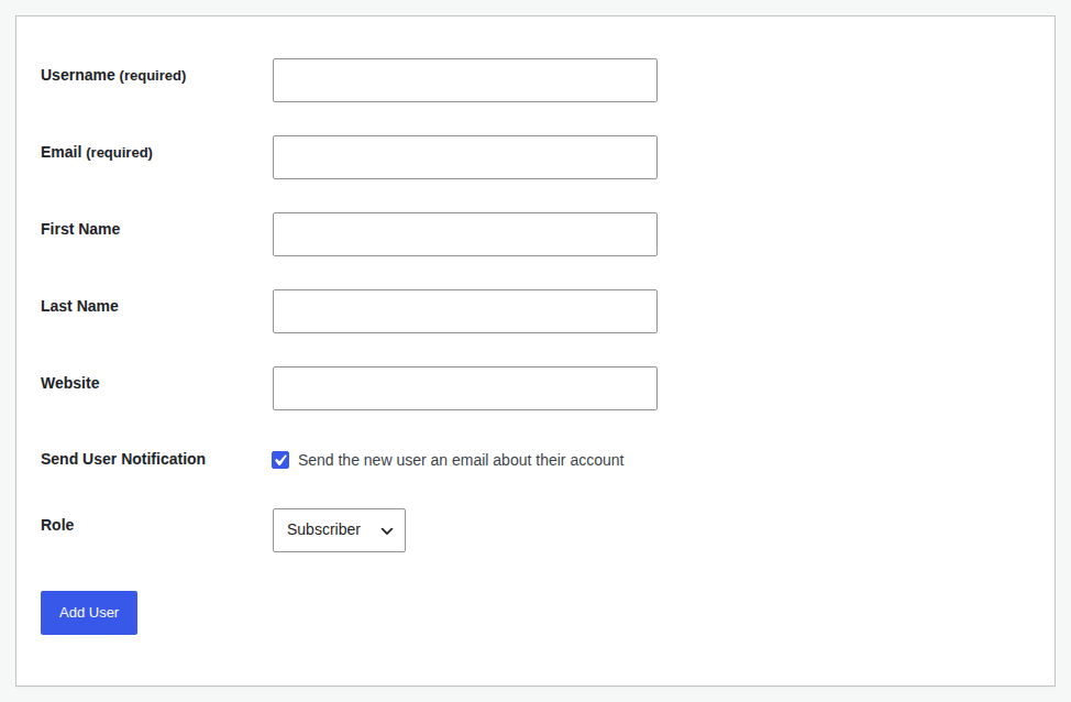 WordPress Add New User form with role selector