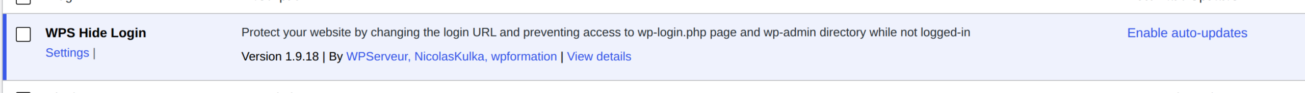Activated WPS Hide Login plugin row in WordPress