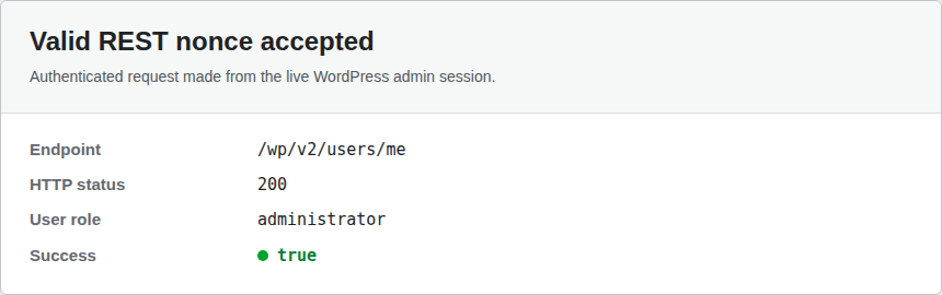Authenticated WordPress REST request returning HTTP 200 with a valid nonce
