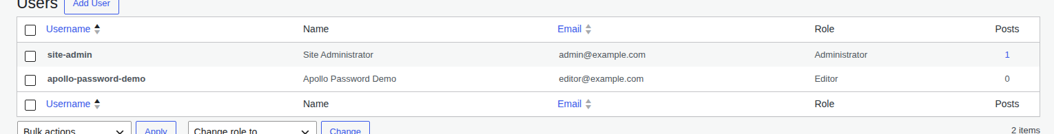 WordPress Users table showing named accounts and roles