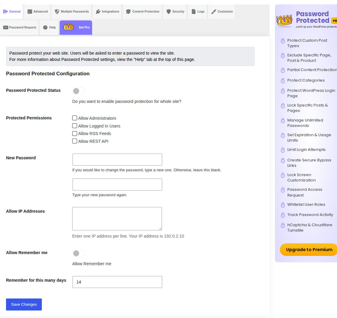 Password Protected plugin settings for enabling a whole-site password gate