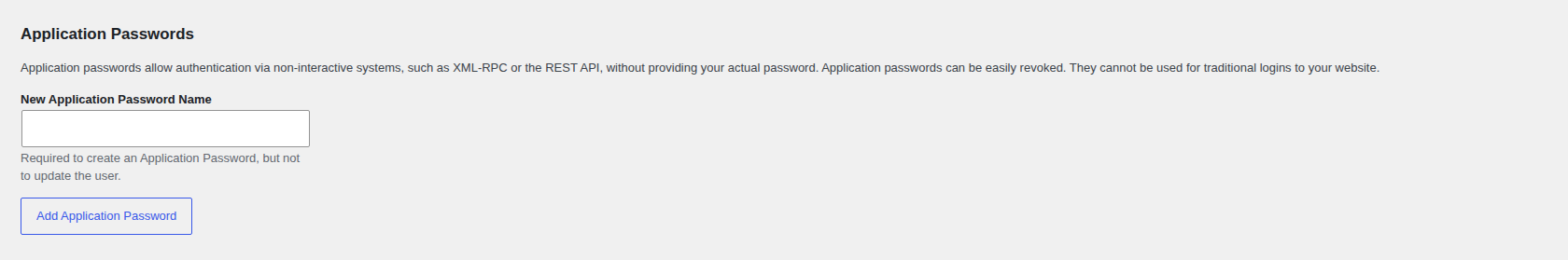 WordPress profile Application Passwords section