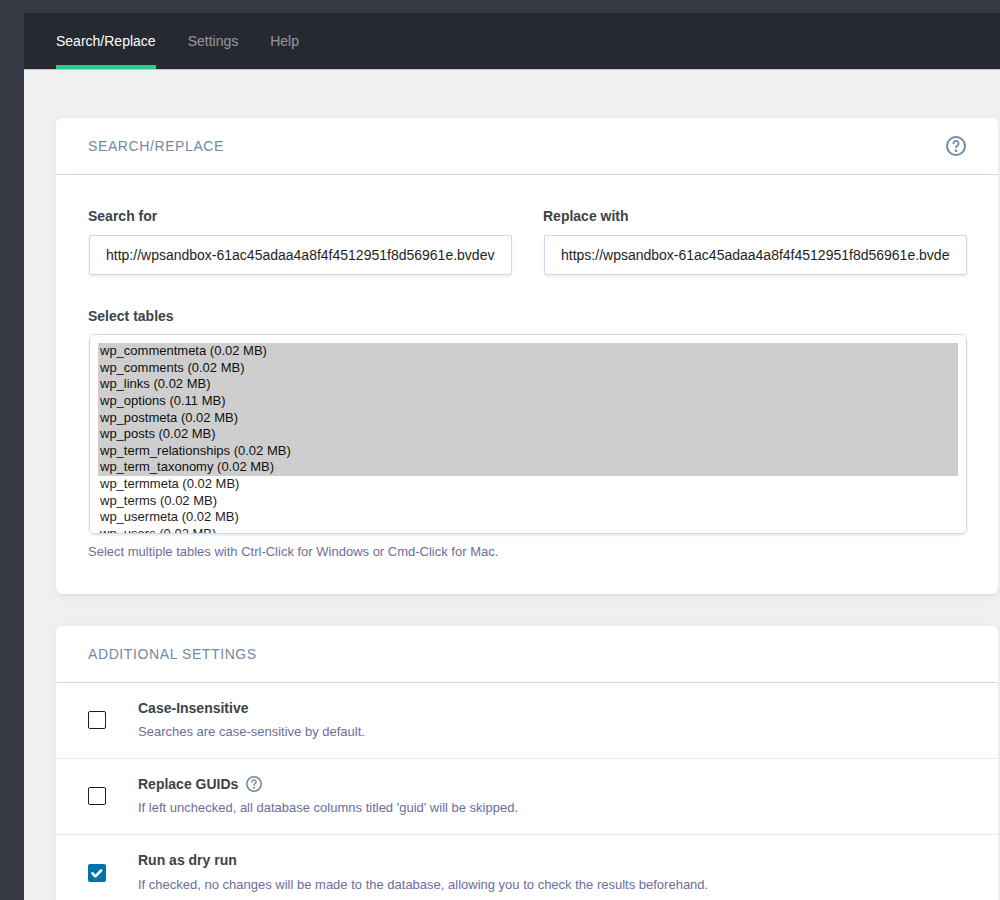 Better Search Replace configured for an HTTP to HTTPS dry run