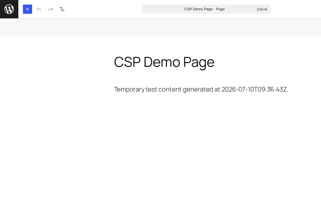 WordPress block editor screen to test before enforcing CSP