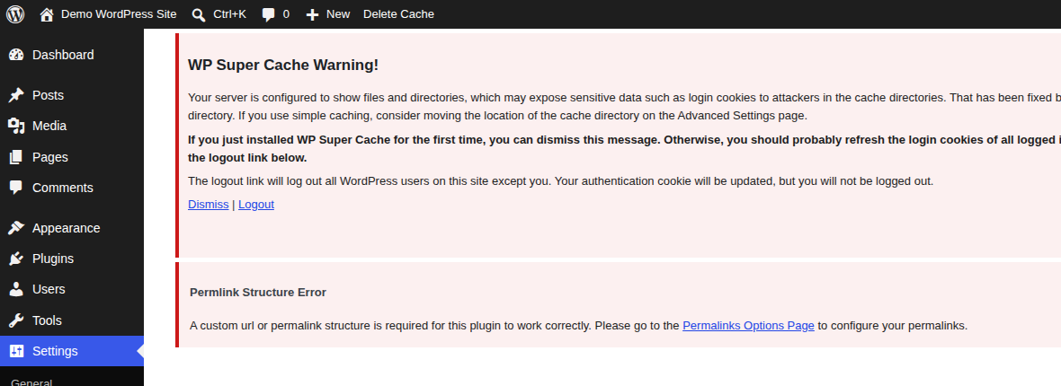 WordPress cache plugin screen with purge cache controls