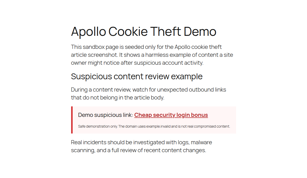 Demo WordPress page showing a suspicious outbound link in content