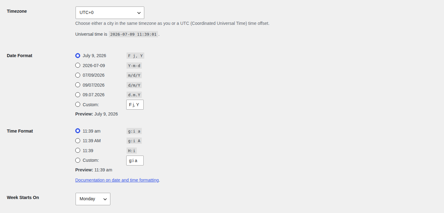 WordPress General Settings timezone and date controls