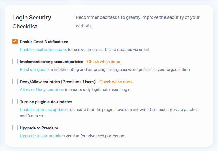 Login security checklist showing related account protection tasks