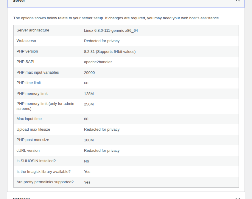 WordPress Site Health server panel for checking server and proxy context