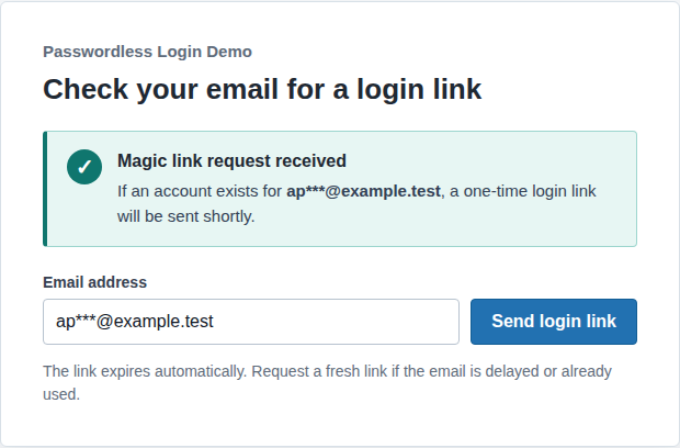 Magic link request confirmation after submitting the login form