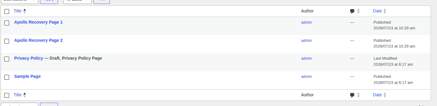 WordPress Pages screen showing restored pages after cleanup