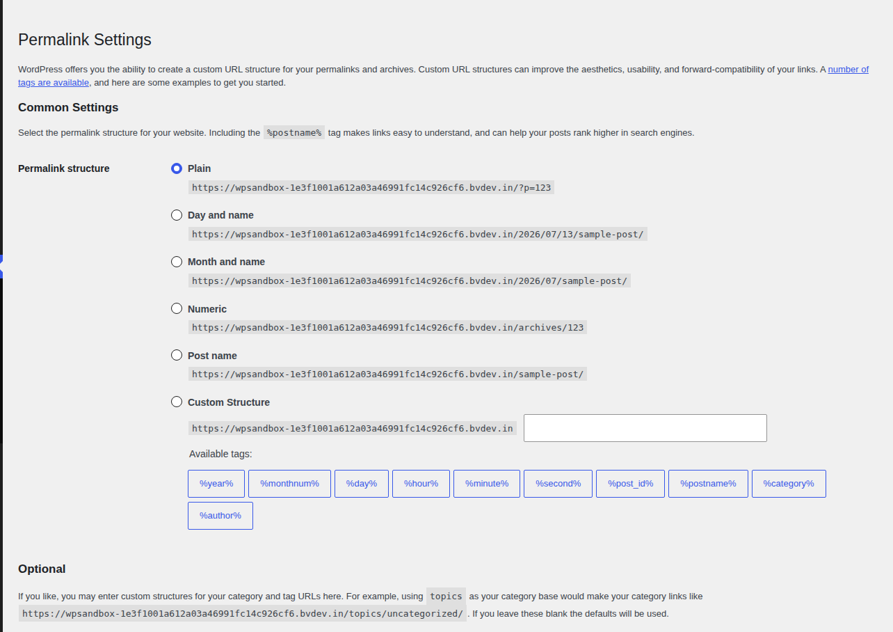 WordPress Permalinks settings screen for refreshing routes
