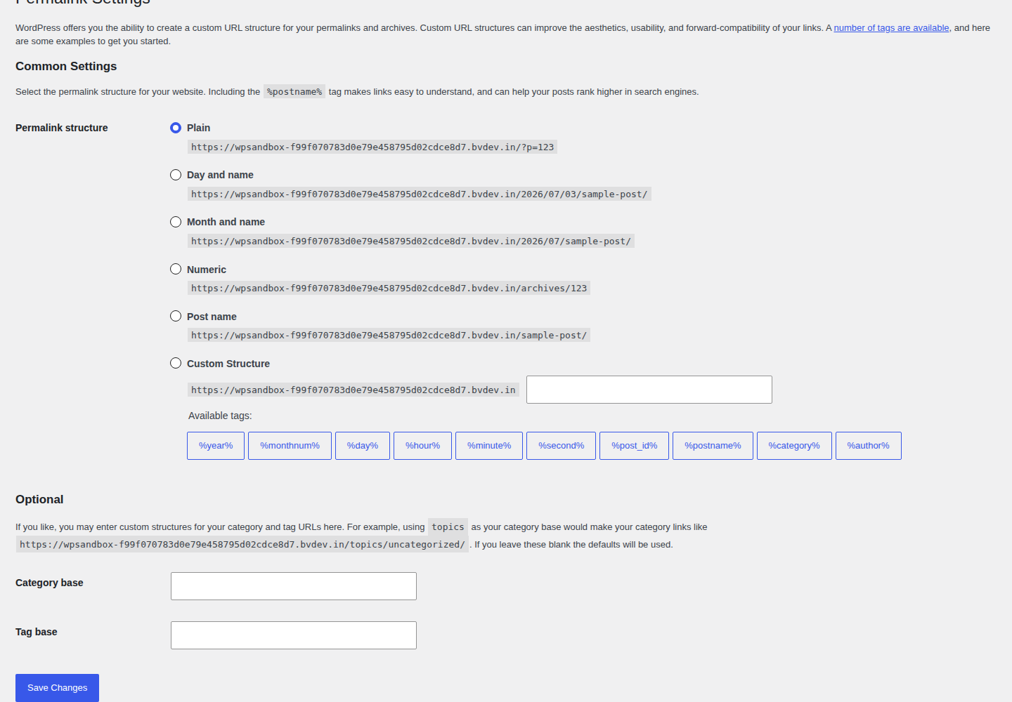 WordPress Permalink Settings page with Save Changes button