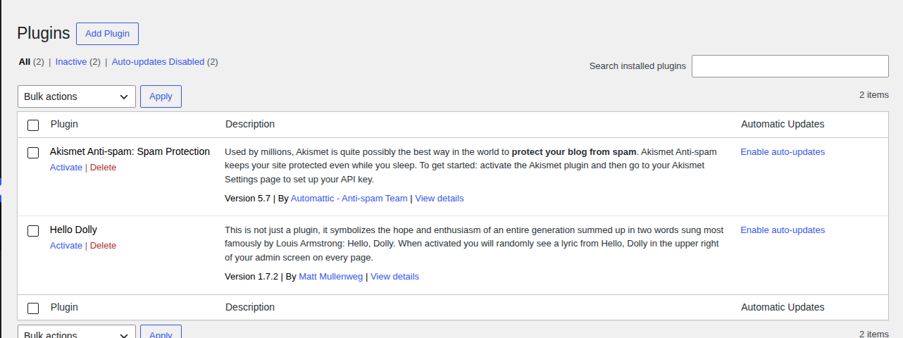 WordPress plugins list used to update or disable affected components