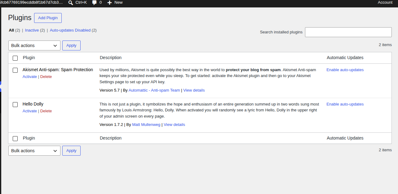 WordPress Plugins screen for extension maintenance