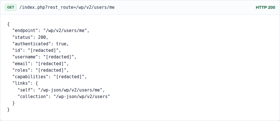 Authenticated WordPress REST current user endpoint returning JSON