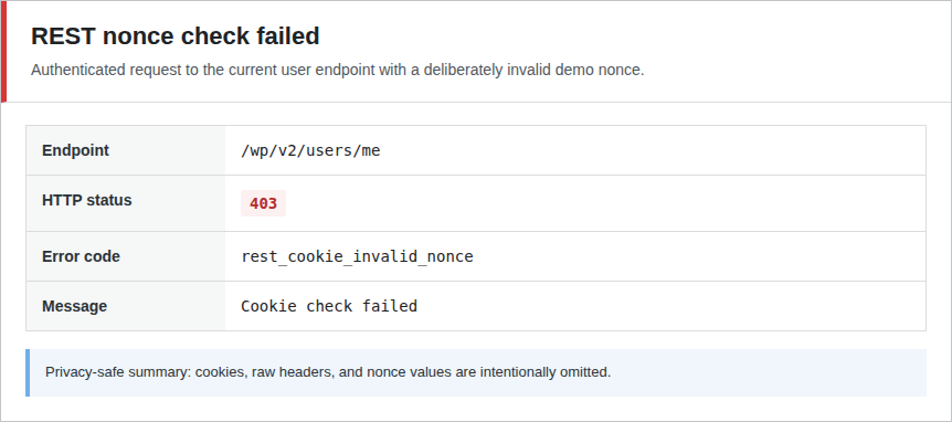 WordPress REST API invalid nonce failure showing 403 error summary