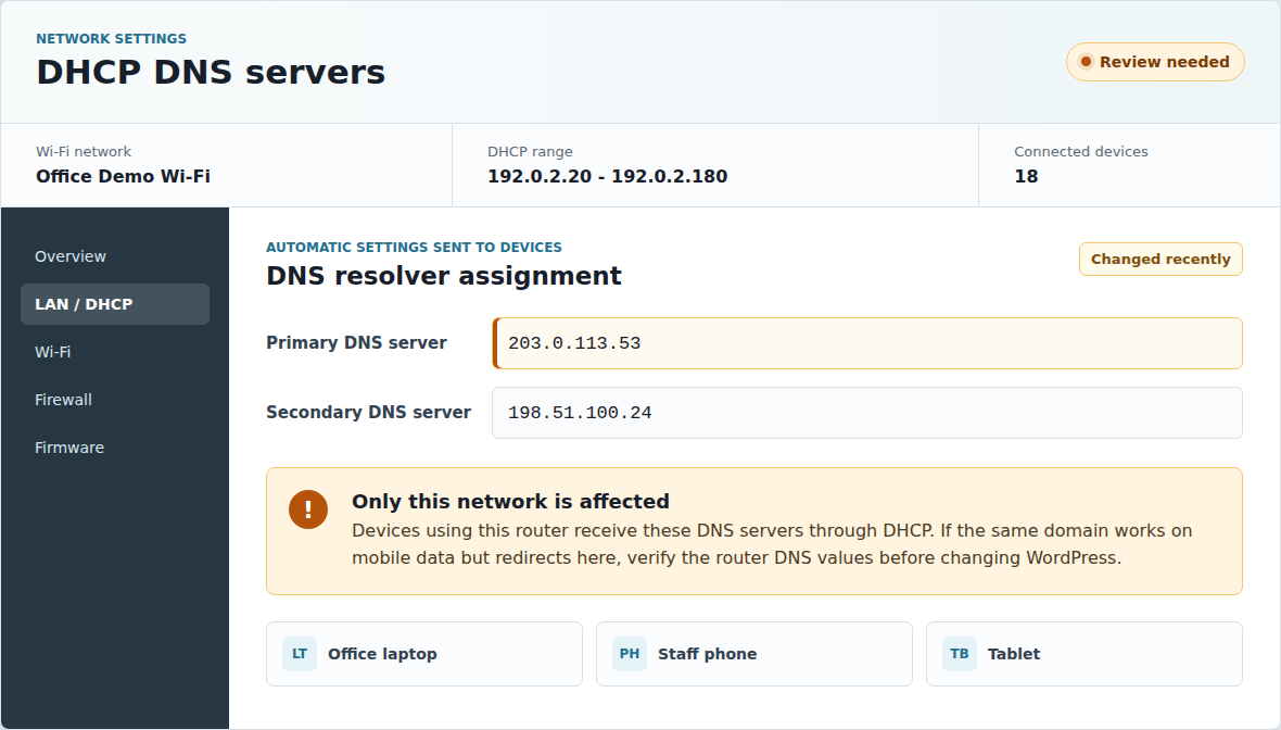 Provider-neutral router DNS settings showing suspicious DHCP DNS servers