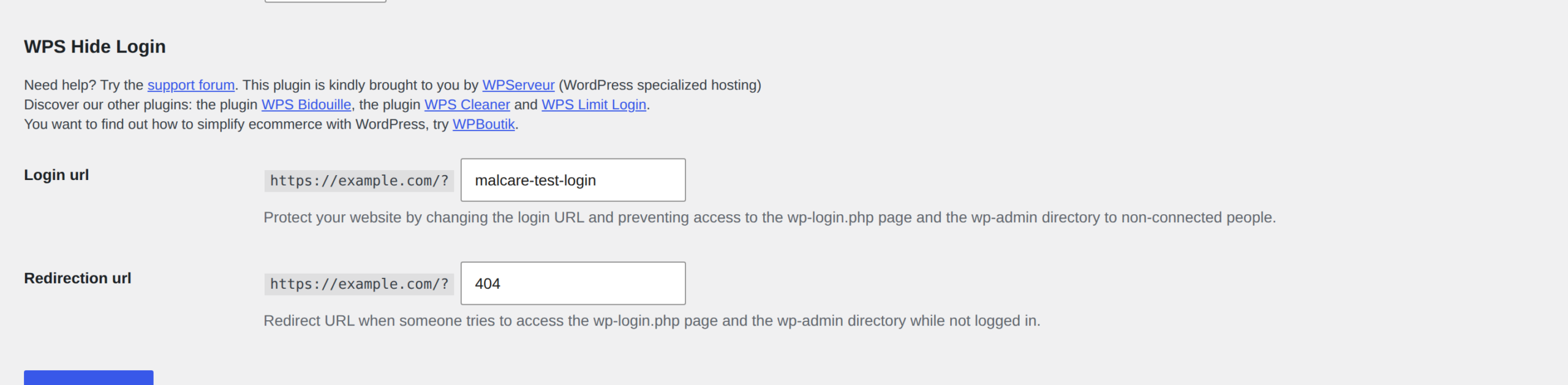 WPS Hide Login field for setting a new login URL slug