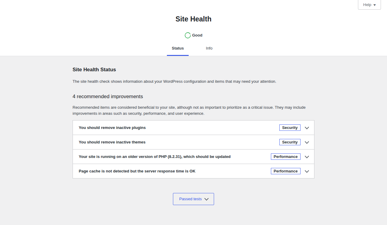 WordPress Site Health status after cleanup checks