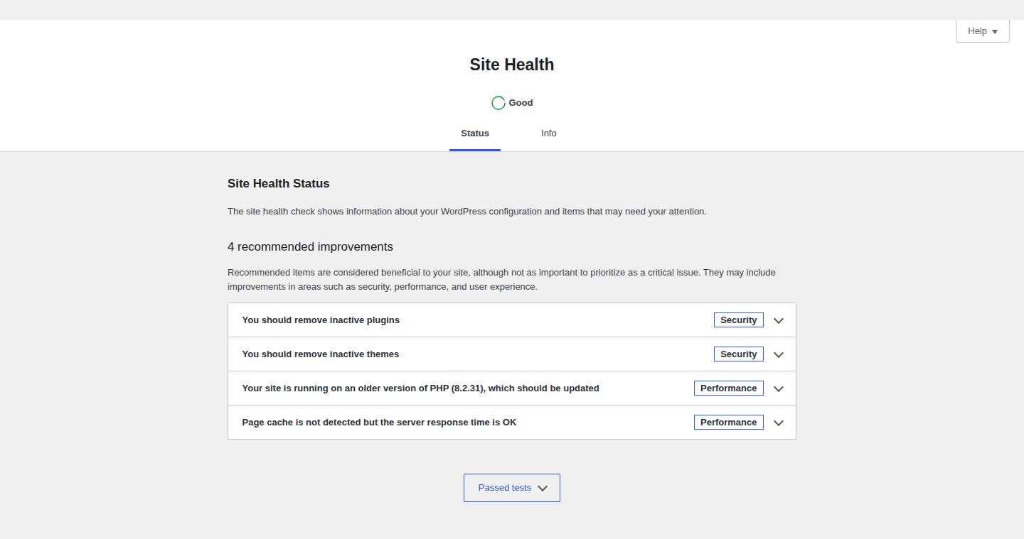 Site Health status screen for diagnostic context before escalation