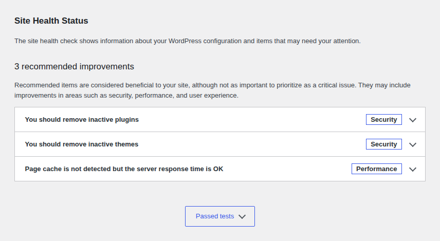 WordPress Site Health screen for post-cleanup maintenance checks