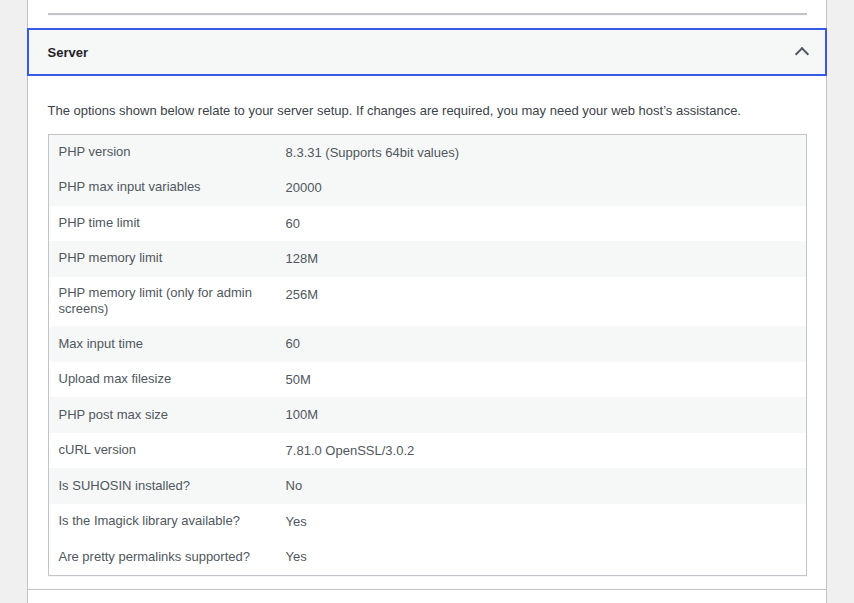 WordPress Site Health server info showing PHP input limits