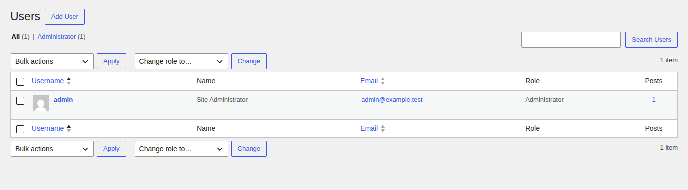 WordPress Users screen showing account roles