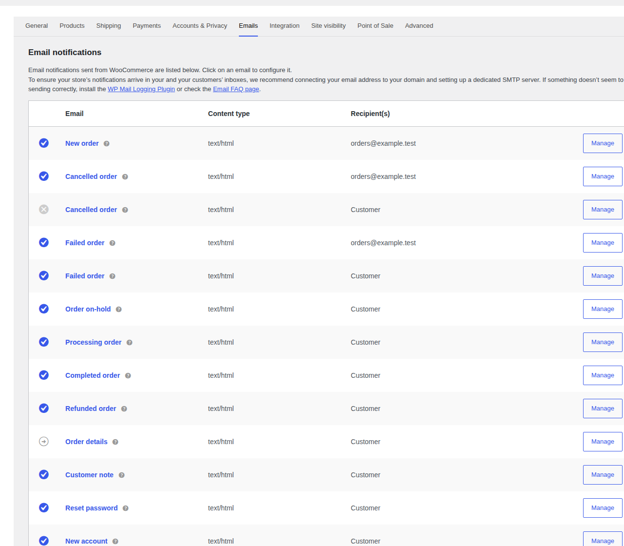 WooCommerce email notification settings list with multiple templates to test