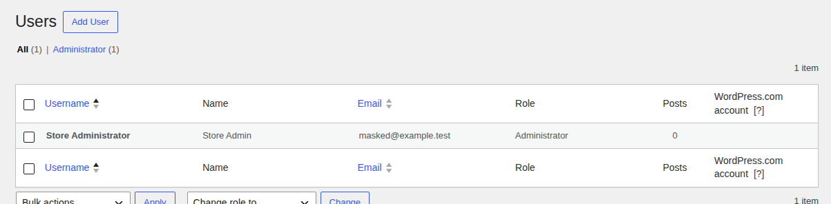 WordPress user management screen showing administrator role context