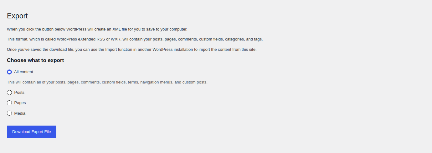 WordPress export screen as a backup-adjacent safety step