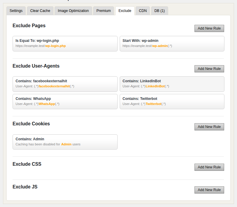Cache exclusion settings for dynamic WordPress pages