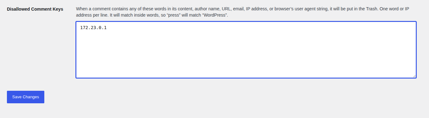 Disallowed Comment Keys field with a sample IP entered one per line