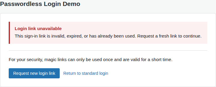 Expired or invalid magic link error message