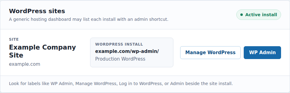 Generic hosting dashboard with a WordPress admin shortcut