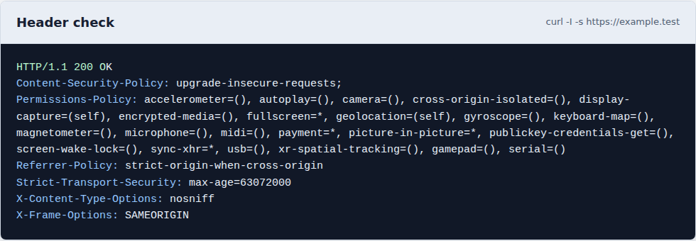 Curl output showing a live Content-Security-Policy header check