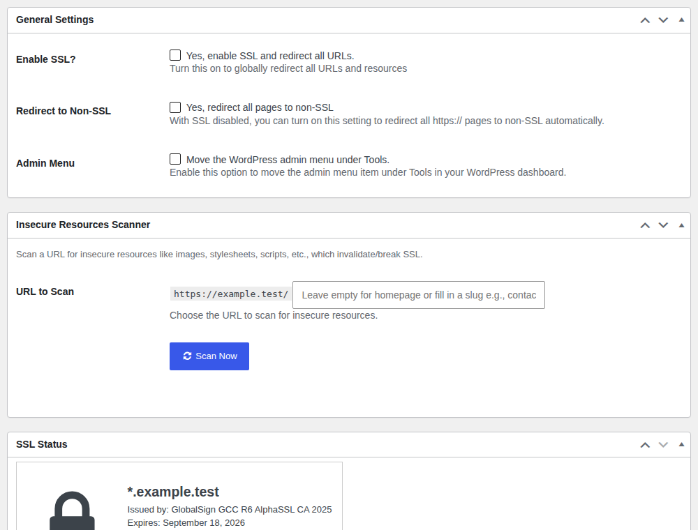 One Click SSL activation settings