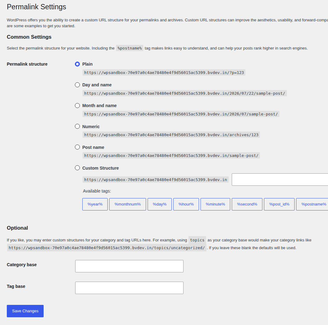 WordPress permalink settings with Save Changes button