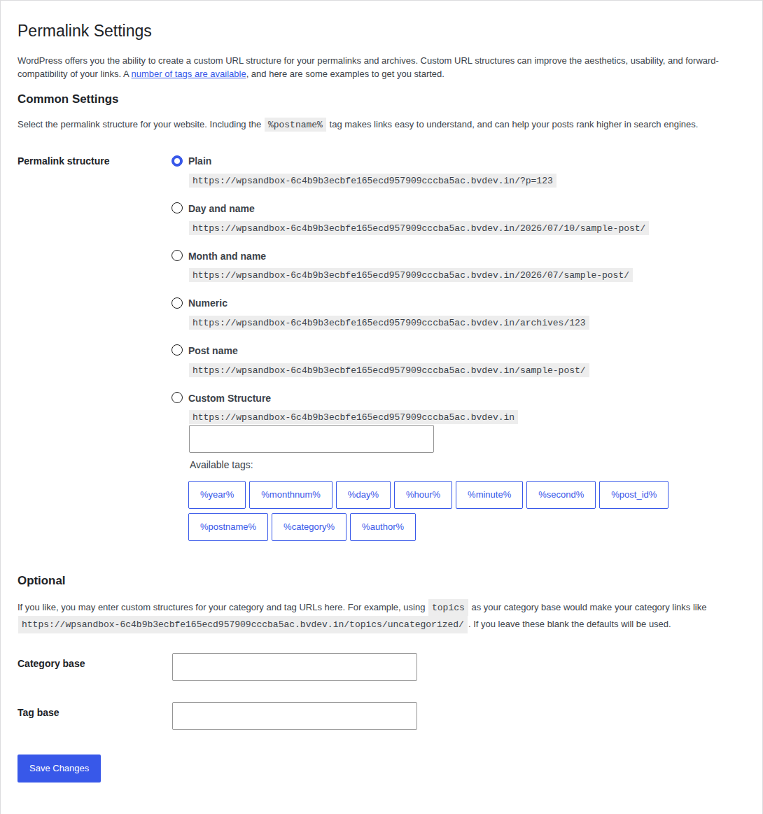 WordPress permalink settings used as a post-cleanup verification checkpoint