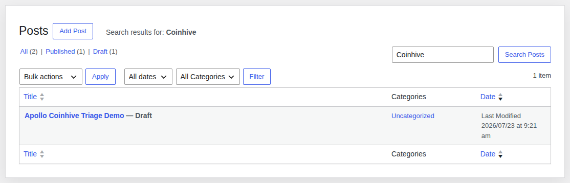 WordPress posts search showing safe plain-text Coinhive triage terms