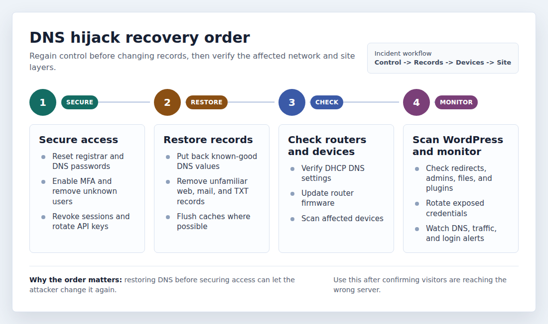 DNS hijack recovery sequence from securing access to monitoring