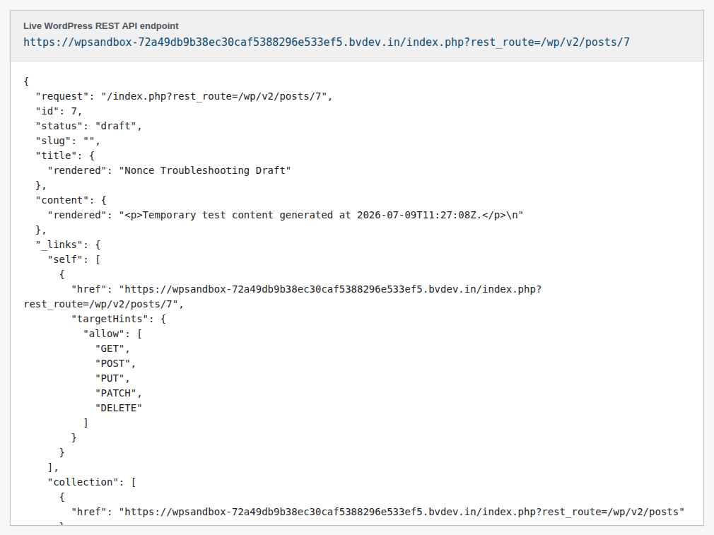 WordPress REST API post endpoint used for save diagnostics