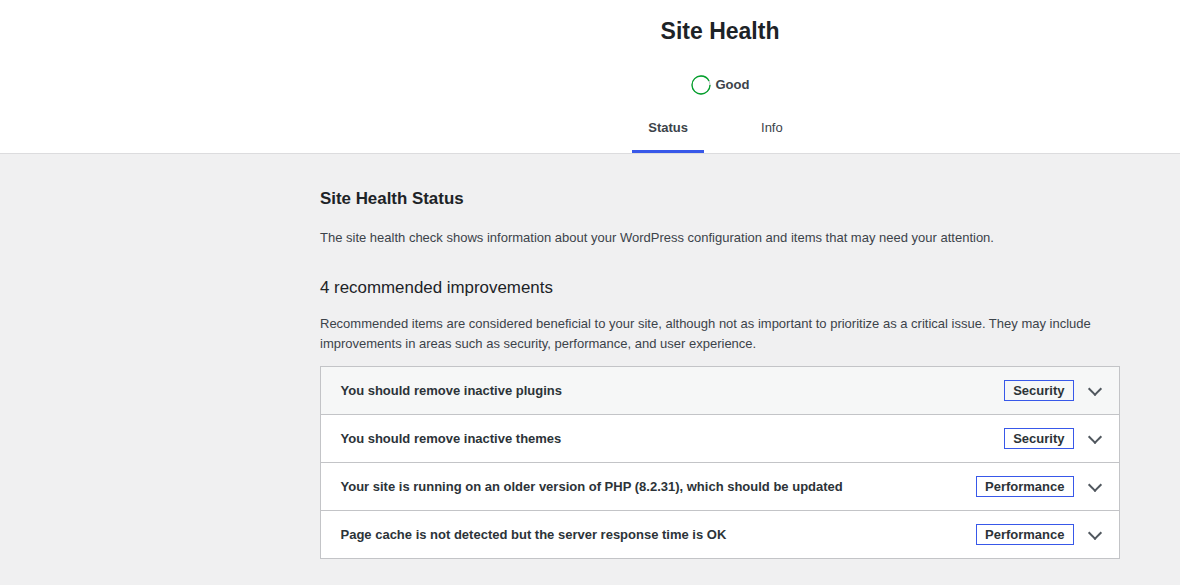 WordPress Site Health status panel for server troubleshooting clues