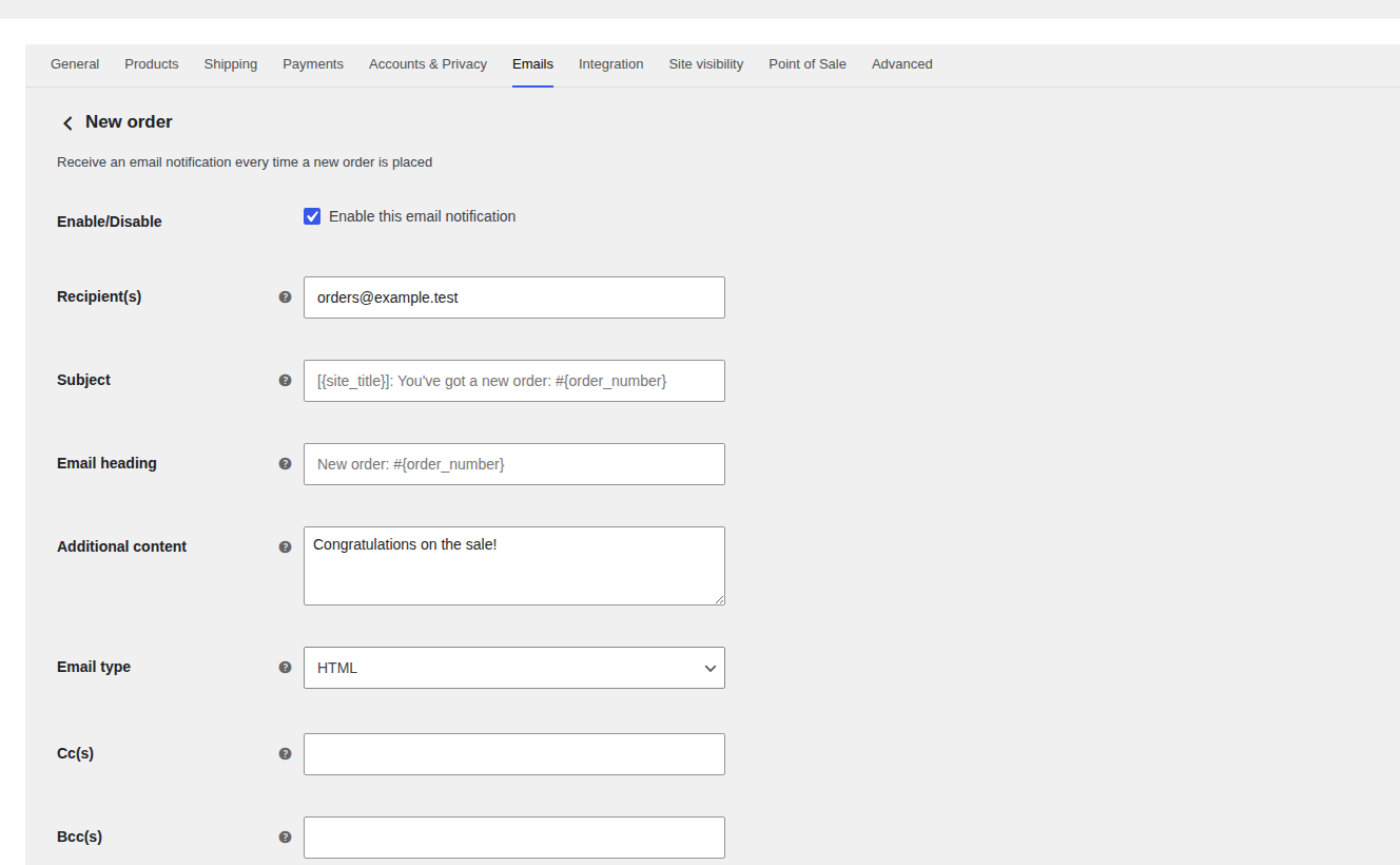 WooCommerce new order email settings for sender and template review