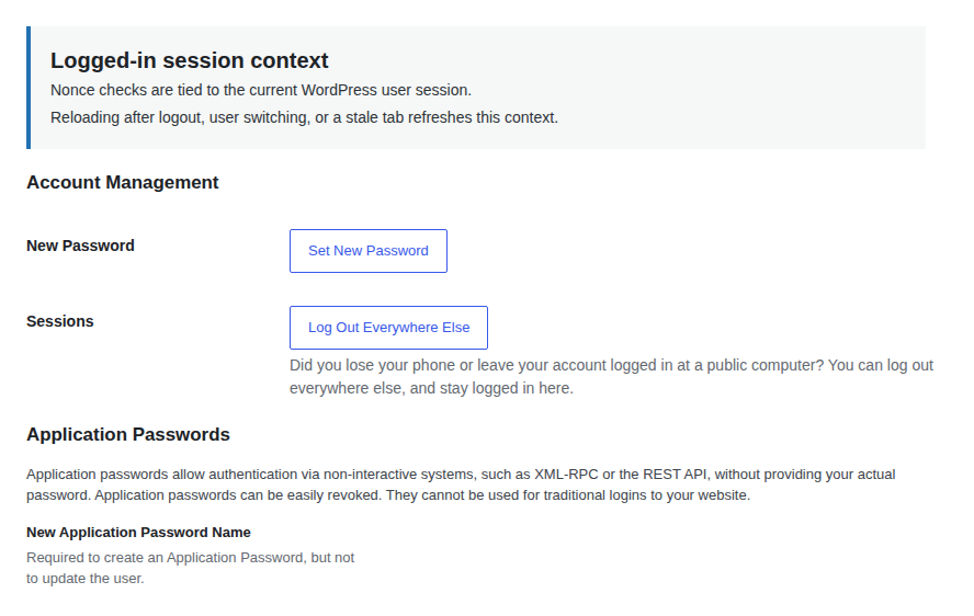 WordPress profile session context related to nonce troubleshooting