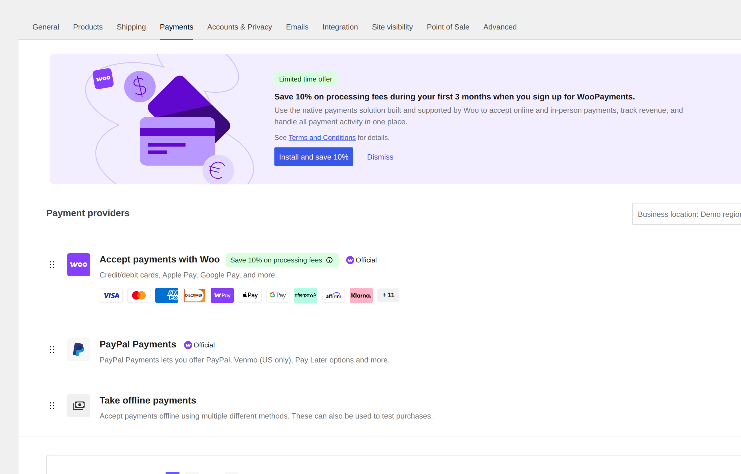 WooCommerce payment settings where checkout payment controls are managed